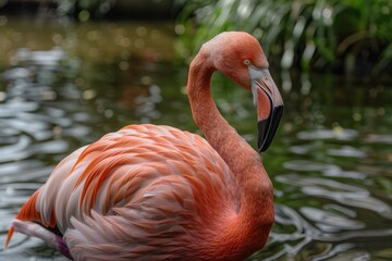 Fototapeta premium Pink flamingo is resting on one leg in a pond