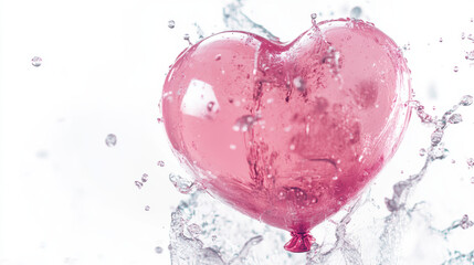 pink heart shaped balloon explodes in water creating splash and delicate shimmering effect