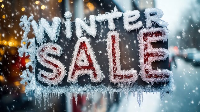 A sign with the words 'Winter Sale' written on it, covered in frost and snow, hanging outside a store.