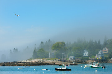 Fishing boats anchored in Bass Harbor with the namesake village in mist, Mount Desert Island near Acadia National park, Maine, USA