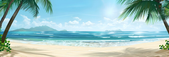 Fototapeta premium A serene tropical beach with palm trees overlooking the vibrant ocean on a sunny day