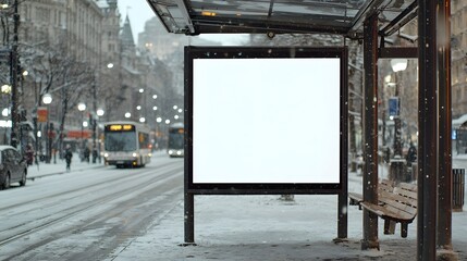 Obraz premium Blank billboard on a bus stop roof, positioned for maximum commuter attention.