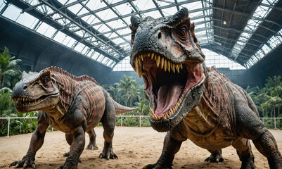 Two large dinosaurs, one roaring, stand in an indoor exhibit