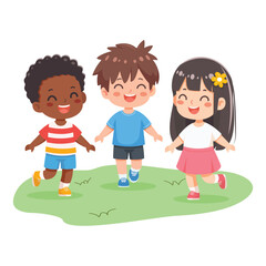 Smiling international kids playing and running together on white background. Poster, Banner, Flyer, Greeting Card. Cartoon character in flat design style isolated. Vector illustration