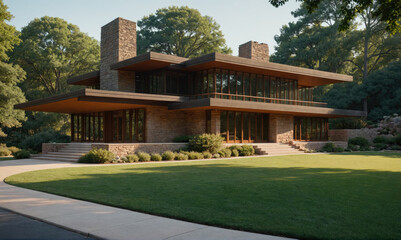 Obraz premium A modern house with a large lawn and a curved driveway sits in a wooded area