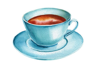 Blue cup and saucer on isolated background drawn in watercolor. Painting blue mug of tea hand drawn for postcard design