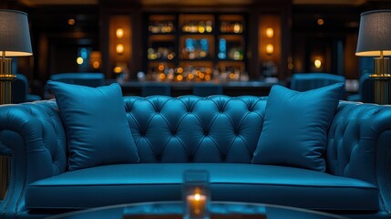 Blue leather couch with pillows in front of a bar with lights.