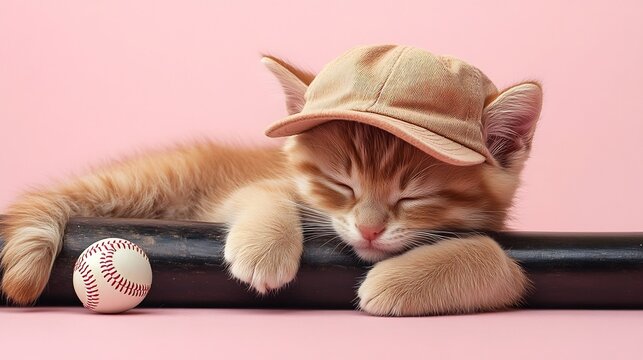 Adorable Kitten Napping with Baseball Bat and Cap on Pink Background