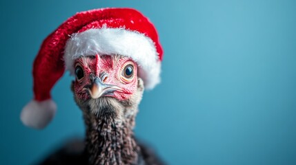 Turkey wearing christmas hat standing on blue background. copy space
