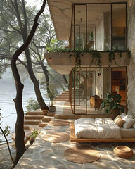This modern lakeside retreat offers open outdoor areas, greenery, and floortoceiling windows by the water. Its an ideal setting for relaxation and enjoying natures beauty