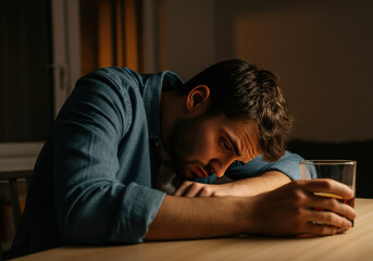 Obraz premium A man sits alone at a dimly lit table, holding a glass, reflecting on life during a quiet evening at home