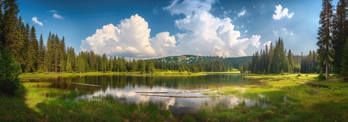 Fototapeta premium Stunning panorama background from the Mummelsee in the Black Forest on the Black Forest High Road, with reflection in the water