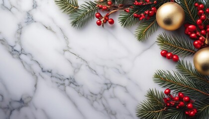  Snowy white marble surface features fir branches, red berries, and golden ornaments against_1(1665)