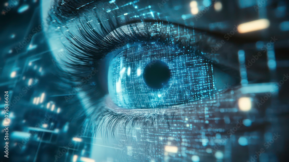Poster a close-up of a human eye with a digital overlay, showing data and code flowing through the iris, re