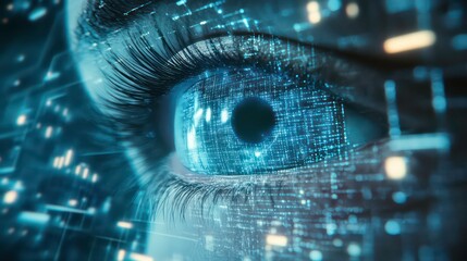 A close-up of a human eye with a digital overlay, showing data and code flowing through the iris, representing the concept of digital connection and artificial intelligence.