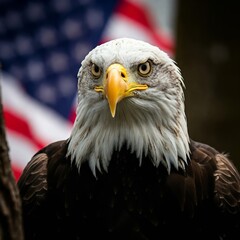 Naklejka premium а majestic bald eagle gazes intently with its piercing yellow eyes, set against the backdrop of a blurred American flag 