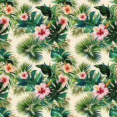 Fototapete Rund Tropical hibiscus and palm leaves seamless pattern © Lyudmila