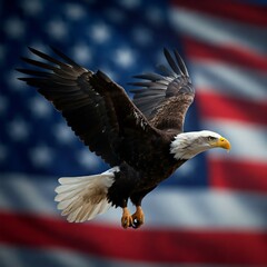 Naklejka premium а majestic bald eagle gazes intently with its piercing yellow eyes, set against the backdrop of a blurred American flag 