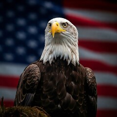 Naklejka premium а majestic bald eagle gazes intently with its piercing yellow eyes, set against the backdrop of a blurred American flag 