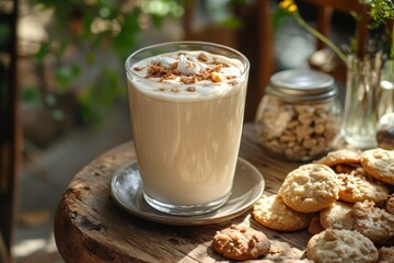 outdoor coffee gathering, enjoy a freshly prepared iced vanilla latte and an assortment of homemade cookies at a peaceful garden with birds singing