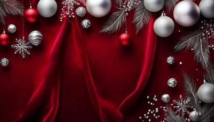  Silvery Christmas decorations shine against a rich dark red velvet backdrop in this modern _1(1620)