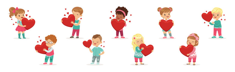 Cute Little Boy and Girl with Red Heart Feel Love Vector Set