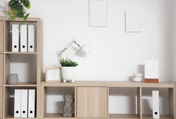 Interior of light office with shelf unit, plants and blank frames