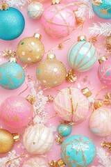 Sparkling Christmas ornaments in pastel pink blue hues