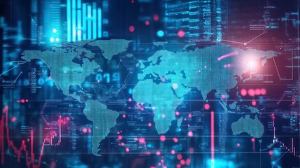A world map is superimposed over a digital background with graphs, charts, and data points in blue, pink, and red.