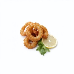 Crispy Fried Calamari Rings Garnished with Fresh Cilantro and Lemon Wedges on White Background