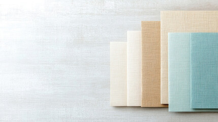 Fototapeta premium Stoffmuster mit Leinenoptik in Beige, Braun und Petrol auf grauem Untergrund, mit Textfreiraum