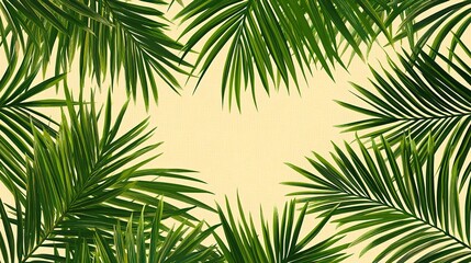 Pattern of palm leaves in shades of green on a beige background, soft and natural, evoking a tropical feel.