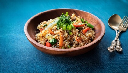  Quinoa pilaf is served hot from a wooden bowl garnished with saut&eacute;ed vegetables and var_1(1538)