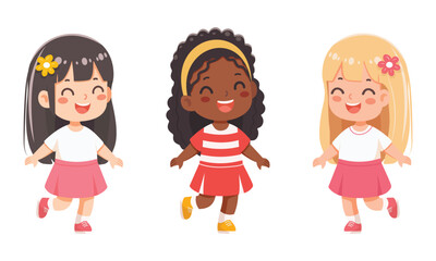 Fototapeta premium Set of smiling international kids playing and running together on white background. Poster, Banner, Flyer, Greeting Card. Cartoon character in flat design style isolated. Vector illustration