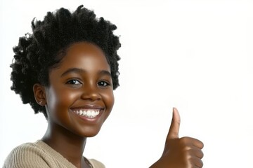 Smiling afro young girl showing thumbs up, isolated on white background