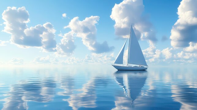 A white sailboat sails on a calm blue sea with a bright blue sky and white clouds overhead. The sailboat is reflected in the water.