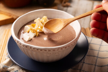 Creamy bean soup. In Mexico known as Crema de Frijoles, a very easy and nutritious homemade food recipe, commonly accompanied with cheese, cream, avocado and corn tortilla cut into strips and fried.