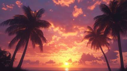 Sunset over a tropical beach with tall palm silhouettes, warm colors filling the sky, a peaceful end to a beautiful day.