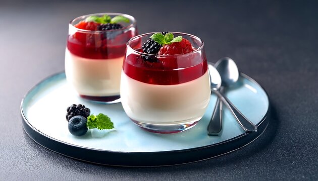  Panna cotta topped with berry compote is served chilled in elegant glass cups for a sweet a_1(1510)