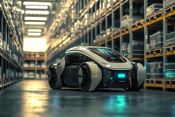 Obraz premium an autonomous robotic vehicle navigating a warehouse, moving goods efficiently.