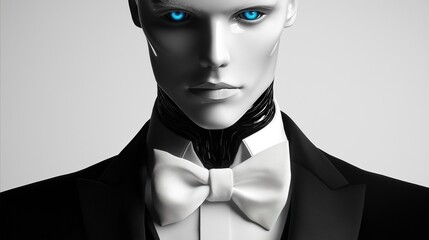 Futuristic humanoid robot wearing a tuxedo with a white bow tie | Artificial Intelligence Butler Concept