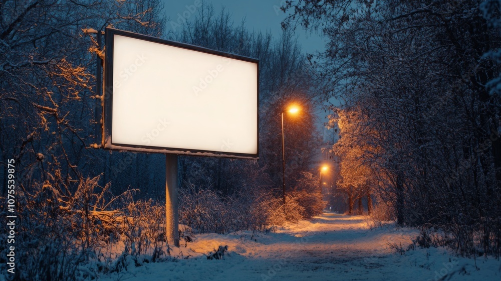 Poster The scene captures a tranquil winter evening walk along a snowy path, illuminated by warm streetlights. An empty billboard stands prominently, surrounded by frosted trees and quiet ambiance.