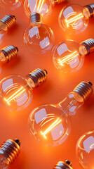 An array of glowing light bulbs on a vibrant orange background.