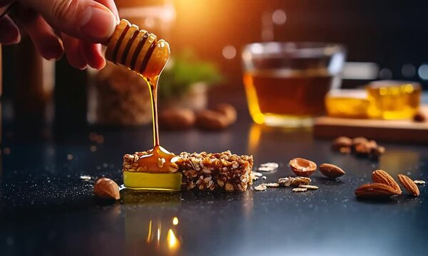 A close-up of a honey dripper pouring honey over a sesame bar, with almonds and tea in the background.