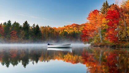 Fototapeta premium Misty lake morning features a lone boat drifting on still water amidst vibrant autumn folia_1(1466)