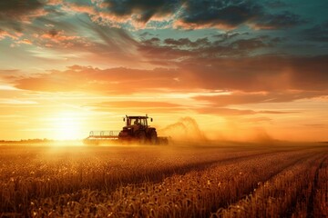 Naklejka premium Tractor is spraying a wheat field at golden sunset, creating a beautiful and evocative scene of agriculture and farming