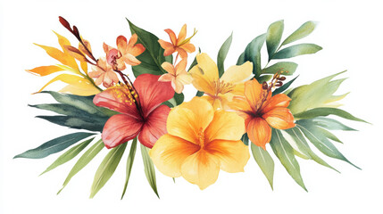 Watercolor bouquet of tropical flowers in vibrant orange and red hues