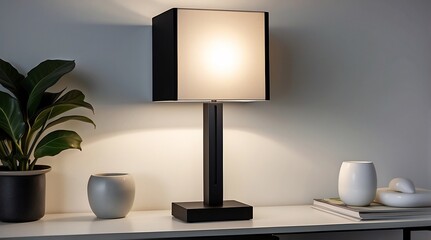Modern black table lamp with a sleek matte finish and ambient lighting.
