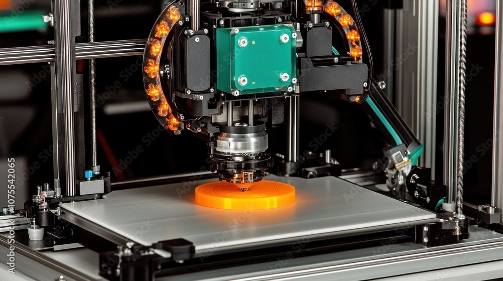 Poster close-up of a 3d printer in operation, with the print head depositing material onto the build platfo