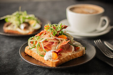 An open-faced sandwich on a toasted bread slice, topped with sliced meats, fresh vegetables